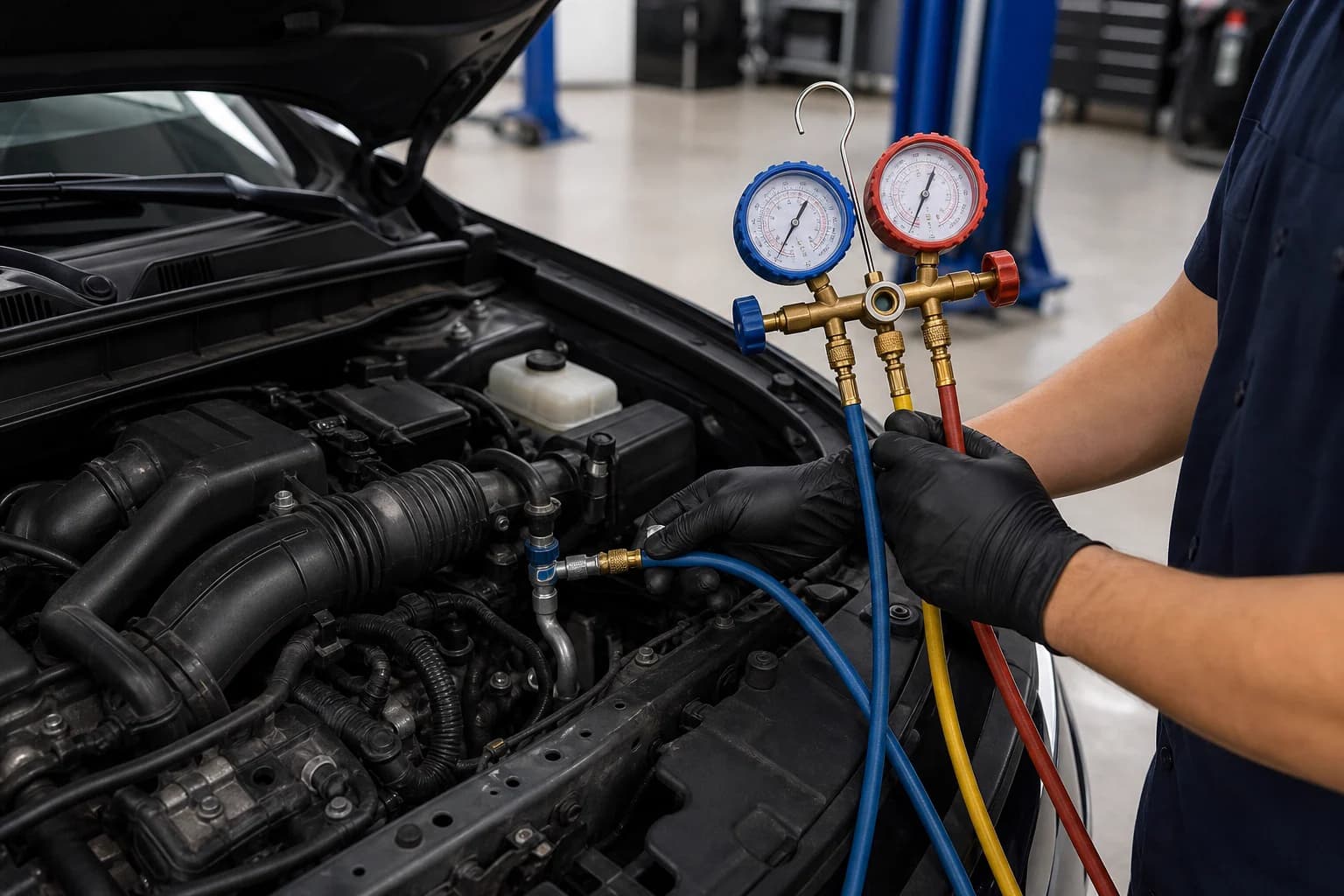 Illustration of gloved hands checking a vehicle air-conditioning system with gauges
